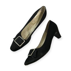 Vintage 60s Roger Vivier Black Satin Evening Pumps with Rhinestone Buckles